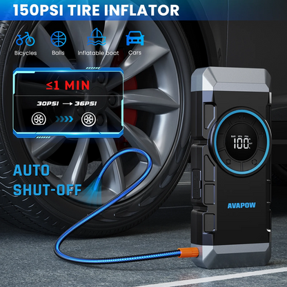 Car jump starter with air compressor in storage bag ready for travel