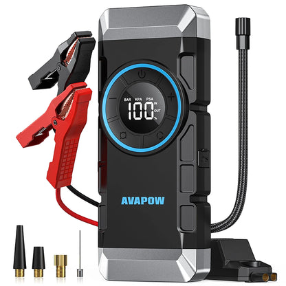Car jump starter with air compressor showing front digital display