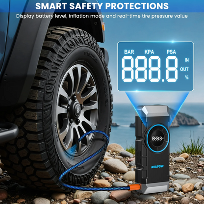 Car jump starter with air compressor inflating a car tyre