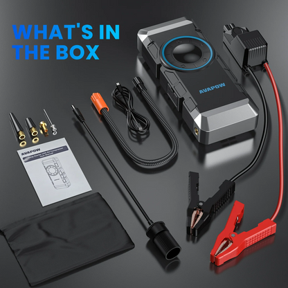 Top view of car jump starter with air compressor and LED light on