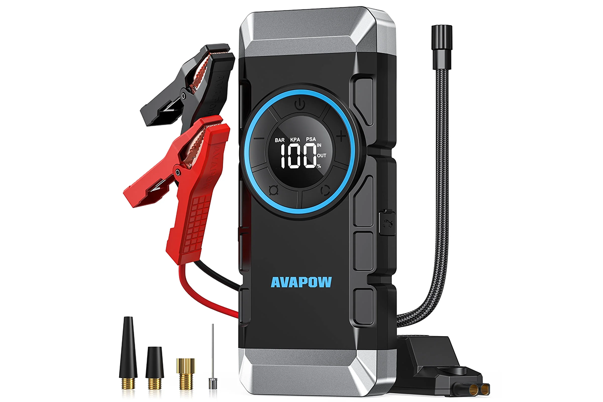 Side view of car jump starter with air compressor and air hose attached