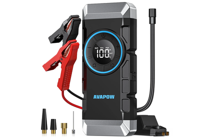 Side view of car jump starter with air compressor and air hose attached