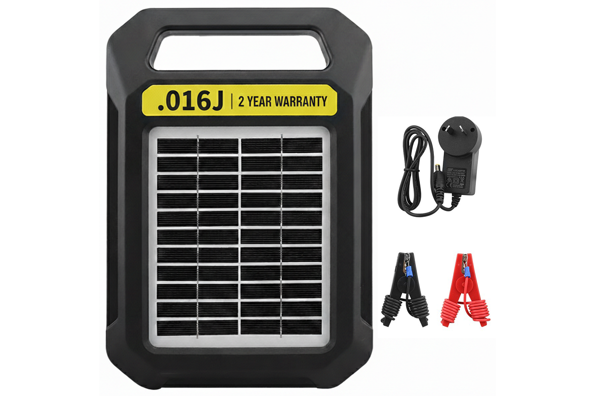Side view of solar electric fence energiser with carry handle