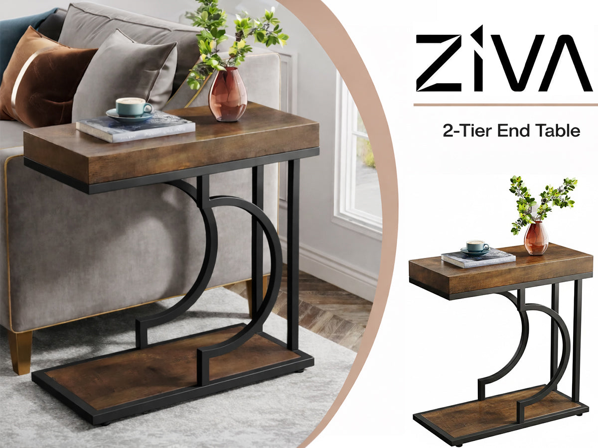 C shaped side table end table sliding under a lounge