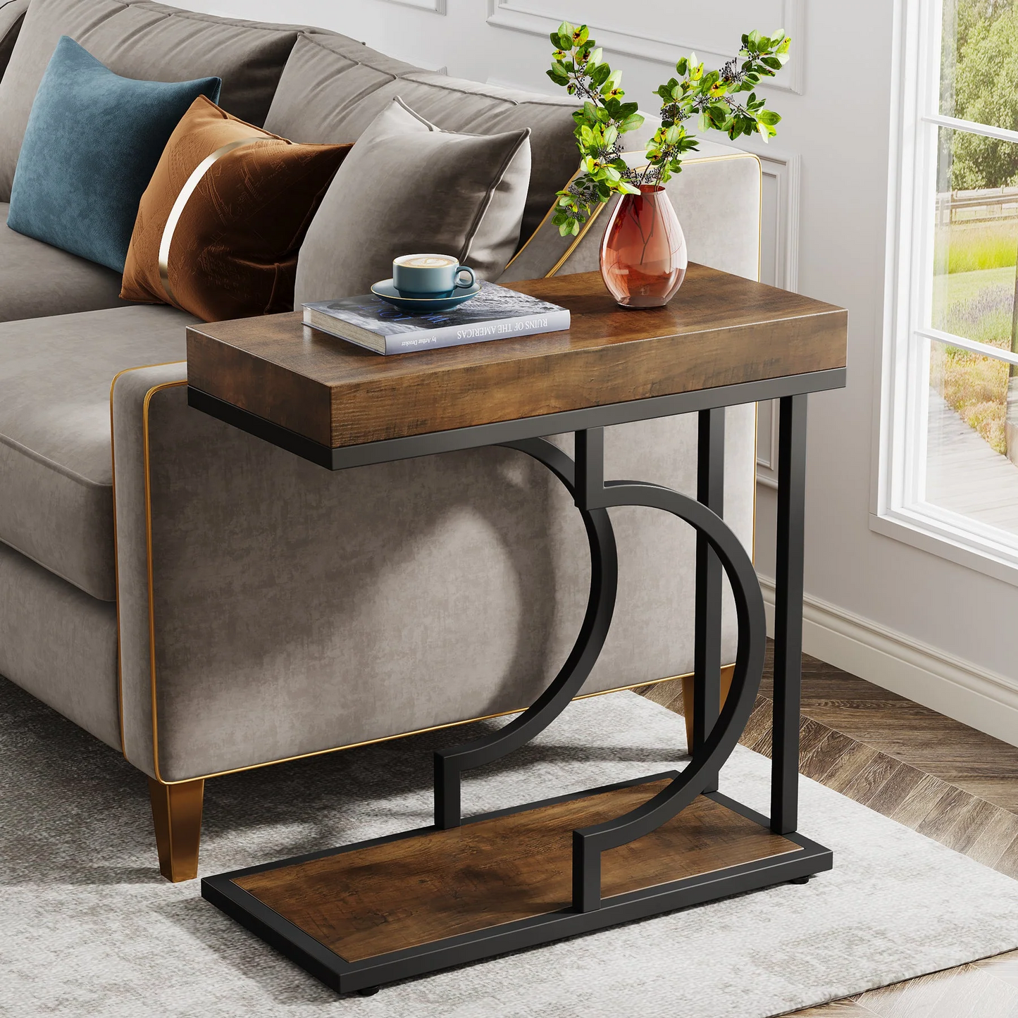 Side table end table showing sturdy metal frame base
