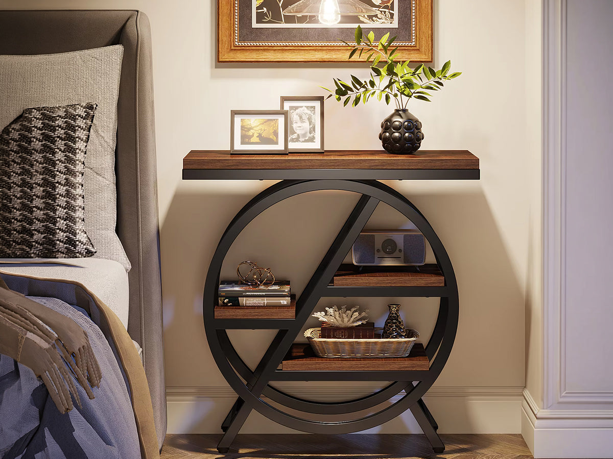 3 tier side table with storage shelf holding books and decor