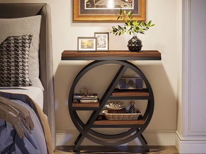 3 tier side table with storage shelf holding books and decor