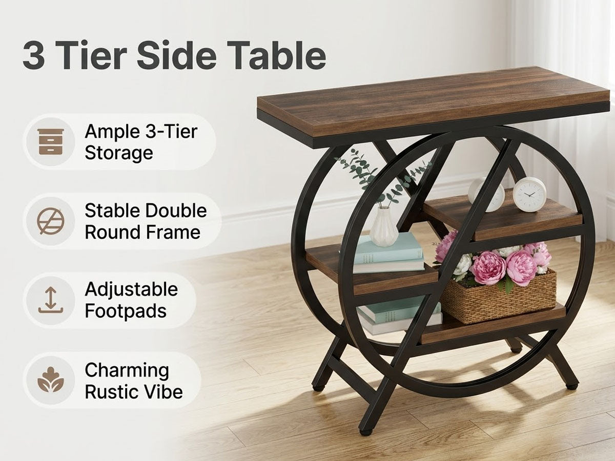 3 Tier Side Table with Storage Shelf Narrow End Table