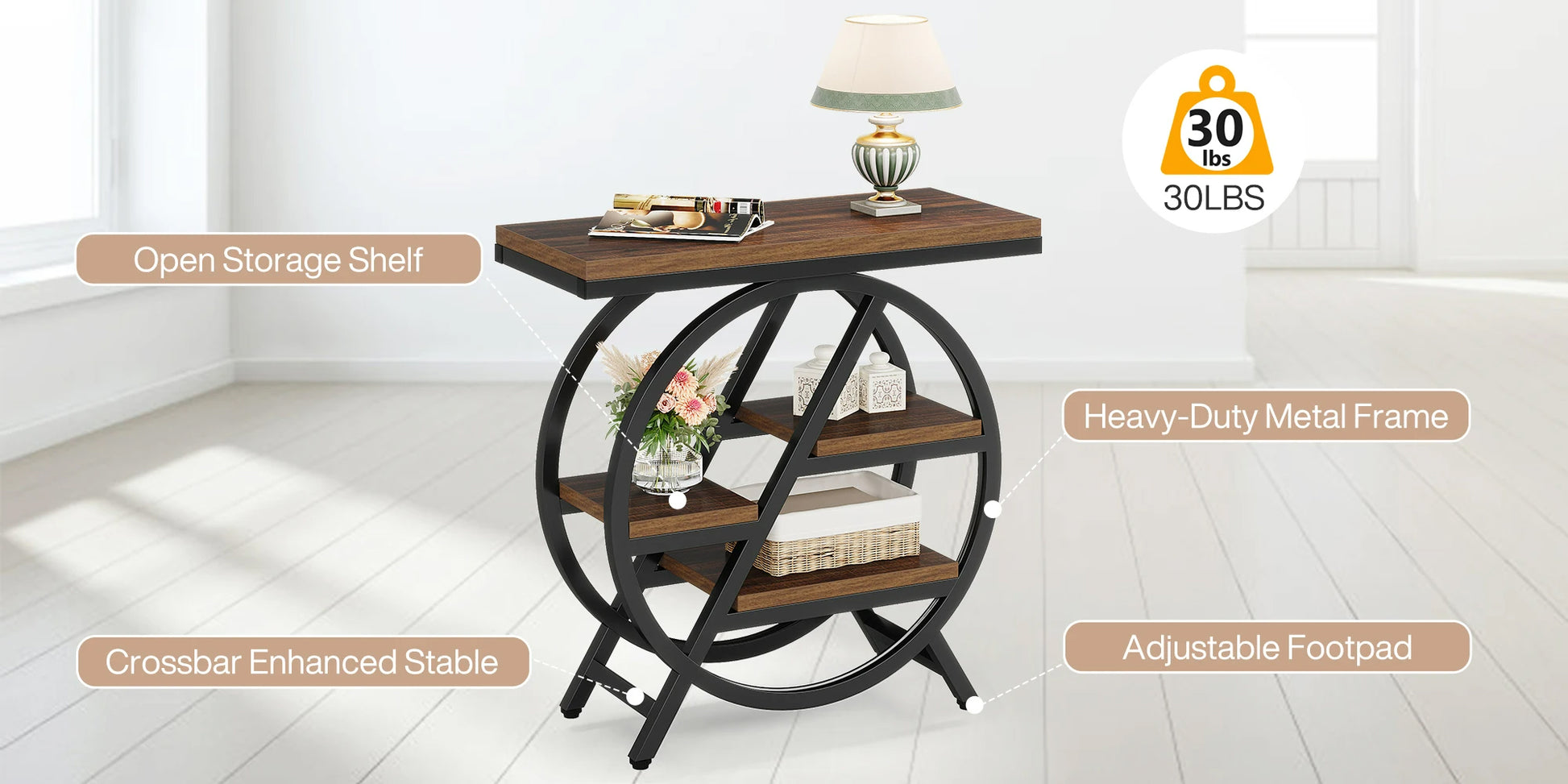 adjustable foot pads on 3 tier side table for floor protection