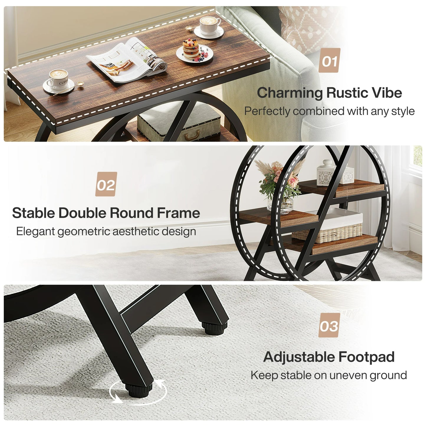 metal frame detail on 3 tier side table with storage shelf