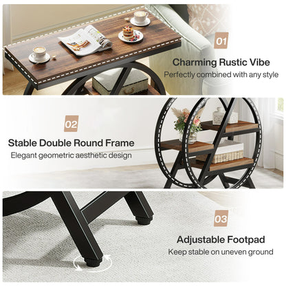 metal frame detail on 3 tier side table with storage shelf