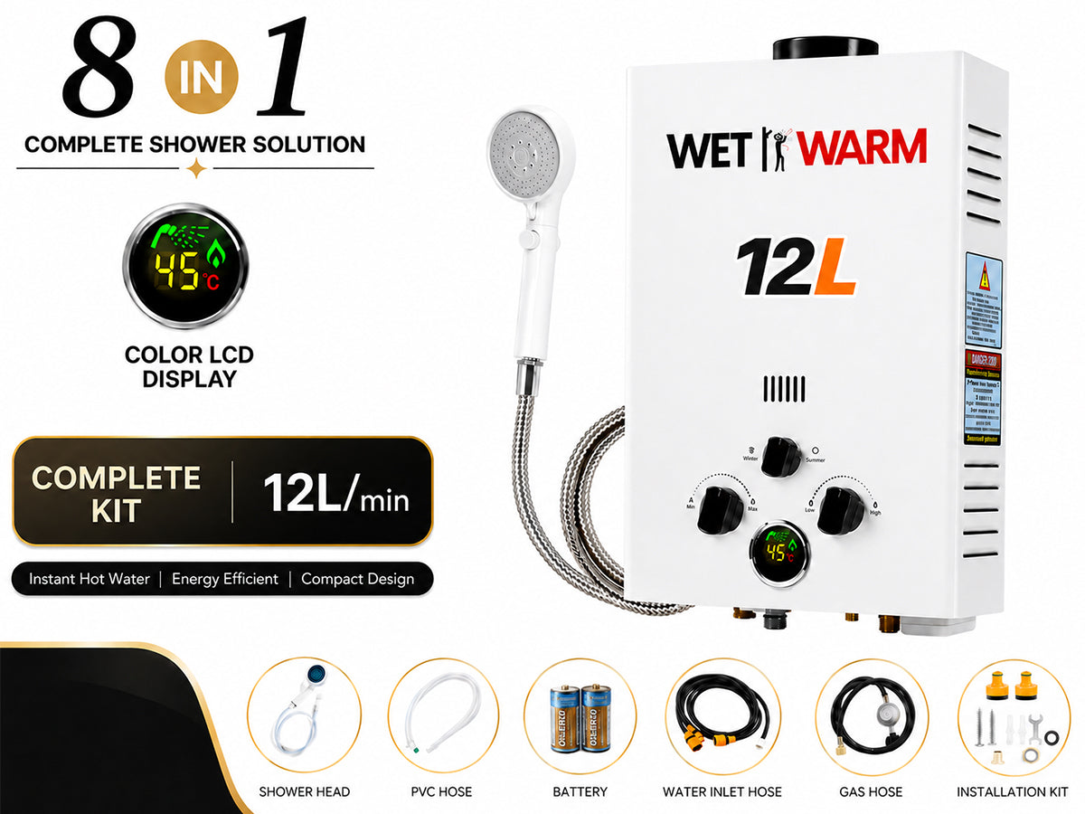 Gas Water Heater 8 in 1 - 12L Portable Camping Outdoor Instant Hot Shower Heating System