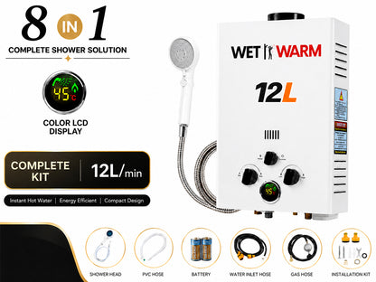 Gas Water Heater 8 in 1 - 12L Portable Camping Outdoor Instant Hot Shower Heating System