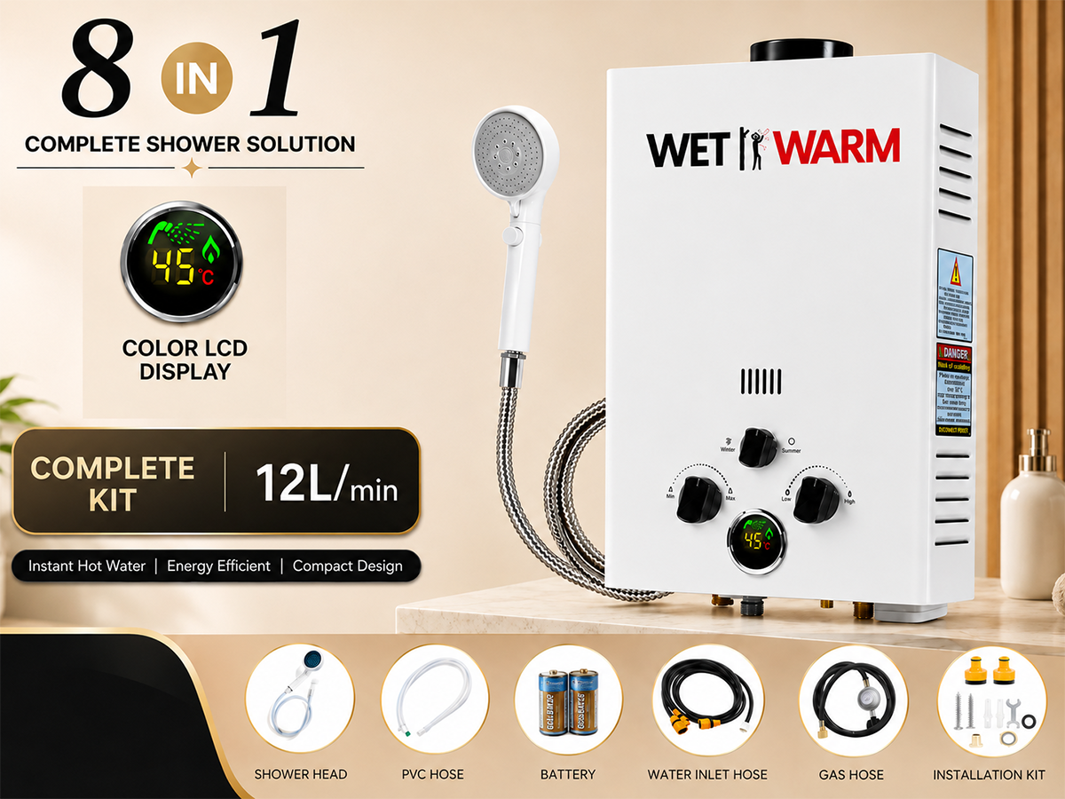 Gas Water Heater 8 in 1 - 12L Portable Camping Outdoor Instant Hot Shower Heating System