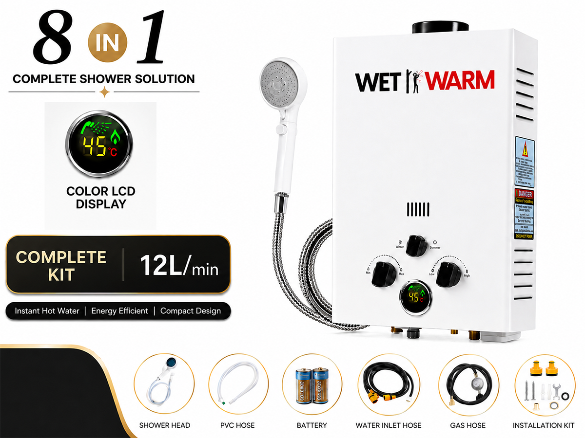 Gas Water Heater 8 in 1 - 12L Portable Camping Outdoor Instant Hot Shower Heating System