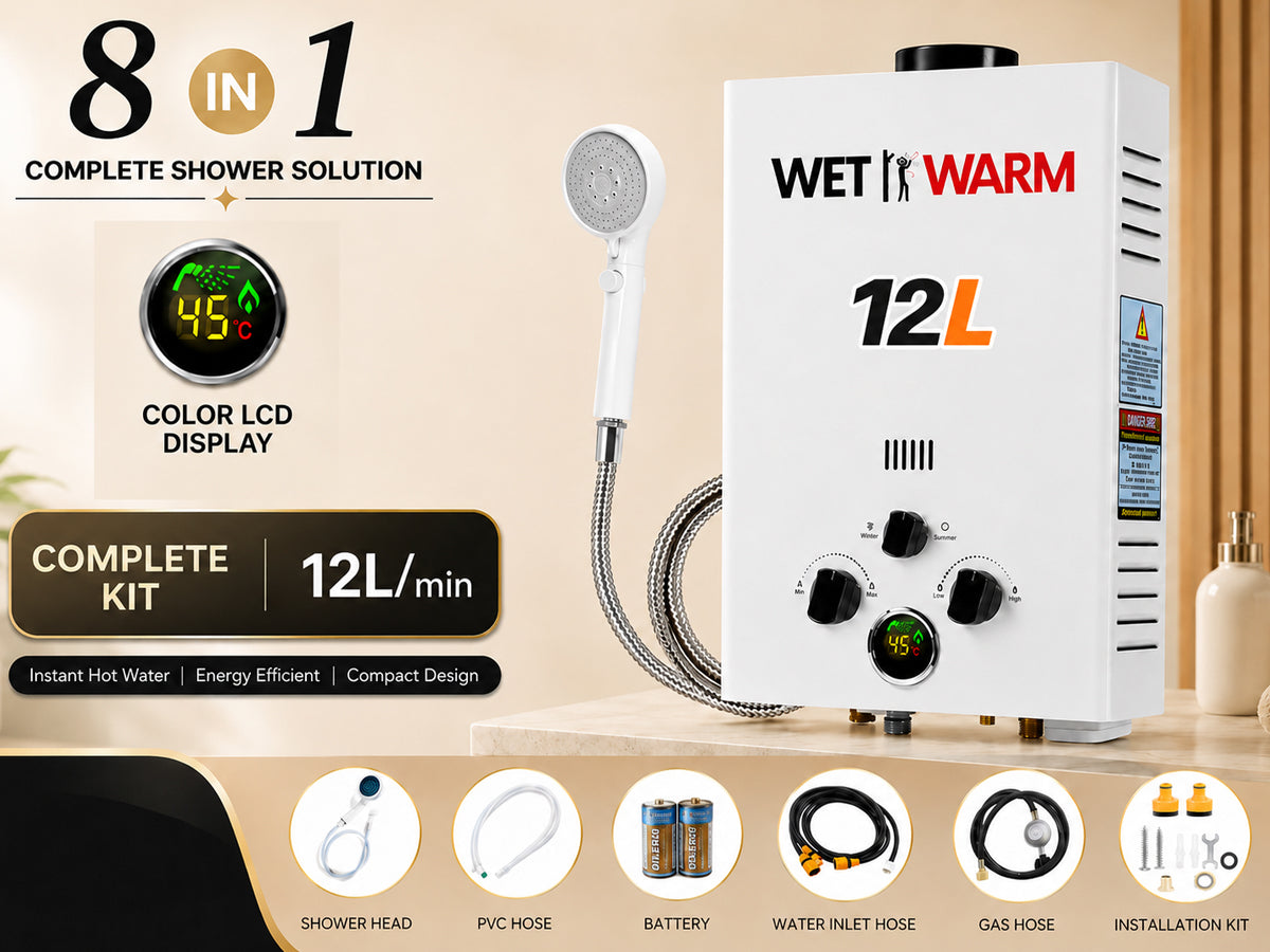 Gas Water Heater 8 in 1 - 12L Portable Camping Outdoor Instant Hot Shower Heating System