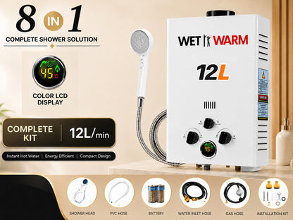 Gas Water Heater 8 in 1 - 12L Portable Camping Outdoor Instant Hot Shower Heating System