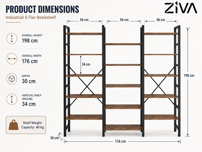 17 Shelf Bookshelf Bookcase – 5-Tier Industrial Storage Unit