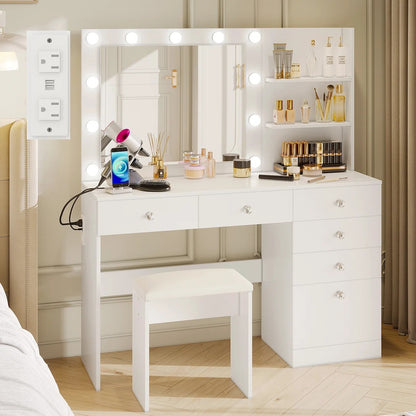 ZiVa Vanity Dressing Table with HD Mirror, Hollywood Lights & Charging Station
