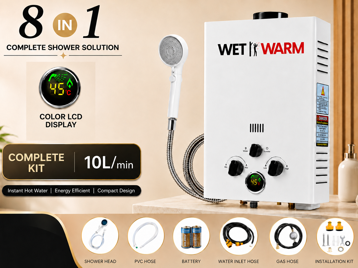 Gas Water Heater 8 in 1 - 10L Portable Camping Outdoor Instant Hot Shower Heating System