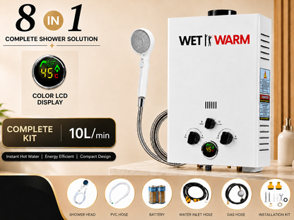 Gas Water Heater 8 in 1 - 10L Portable Camping Outdoor Instant Hot Shower Heating System