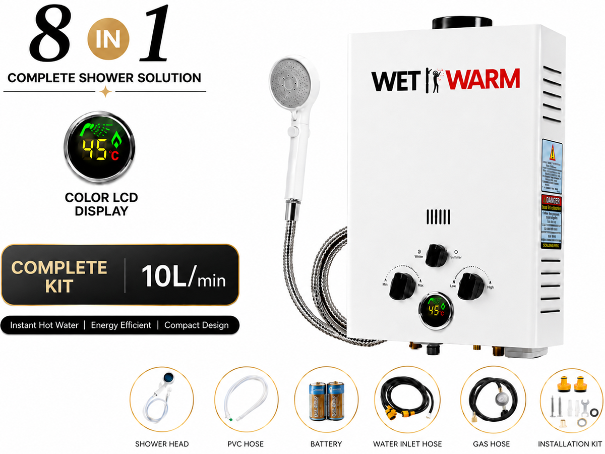 Gas Water Heater 8 in 1 - 10L Portable Camping Outdoor Instant Hot Shower Heating System