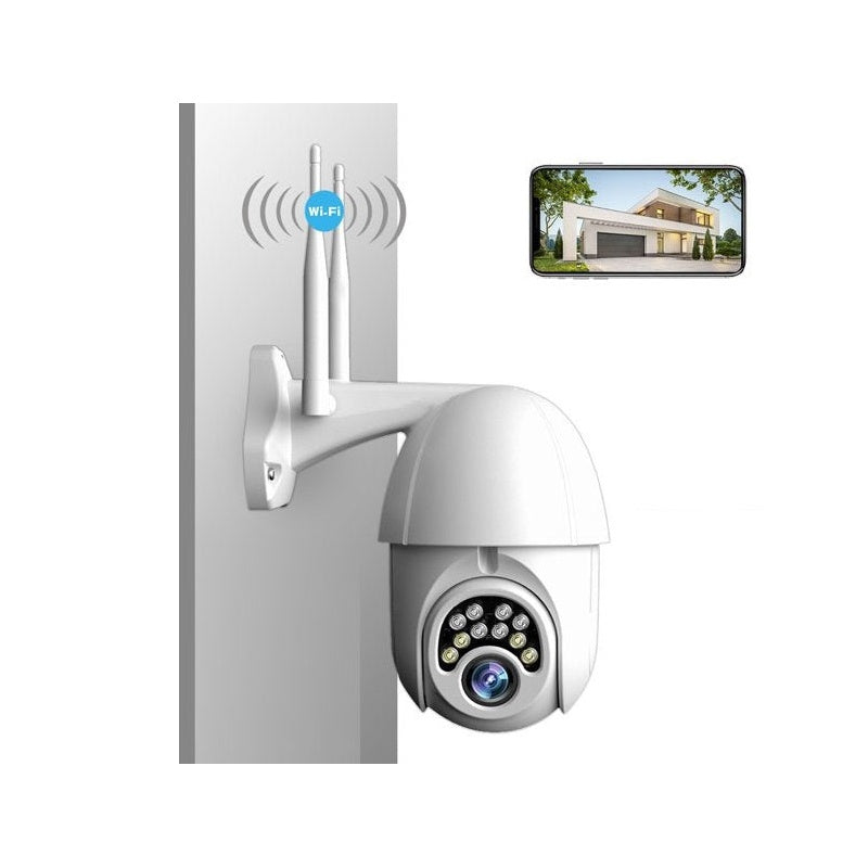 Wireless security camera showing front view with black waterproof housing