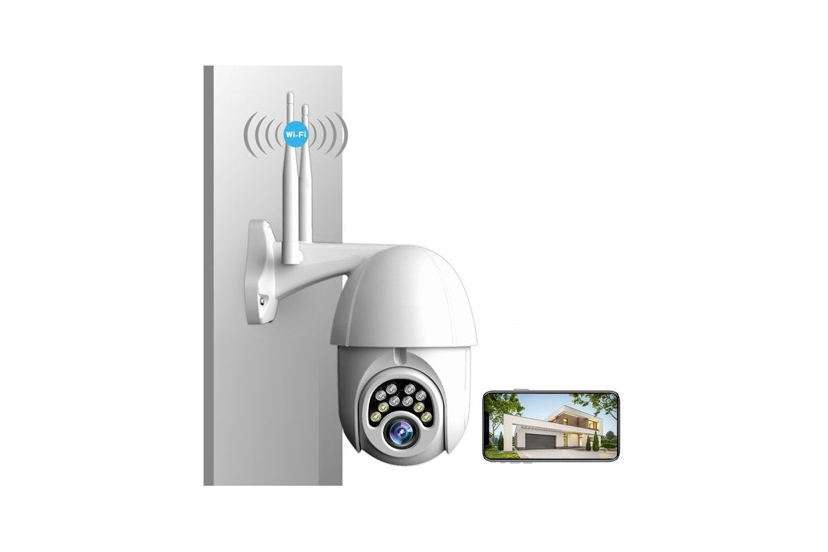 Outdoor security camera mounted on wall with visible antennas