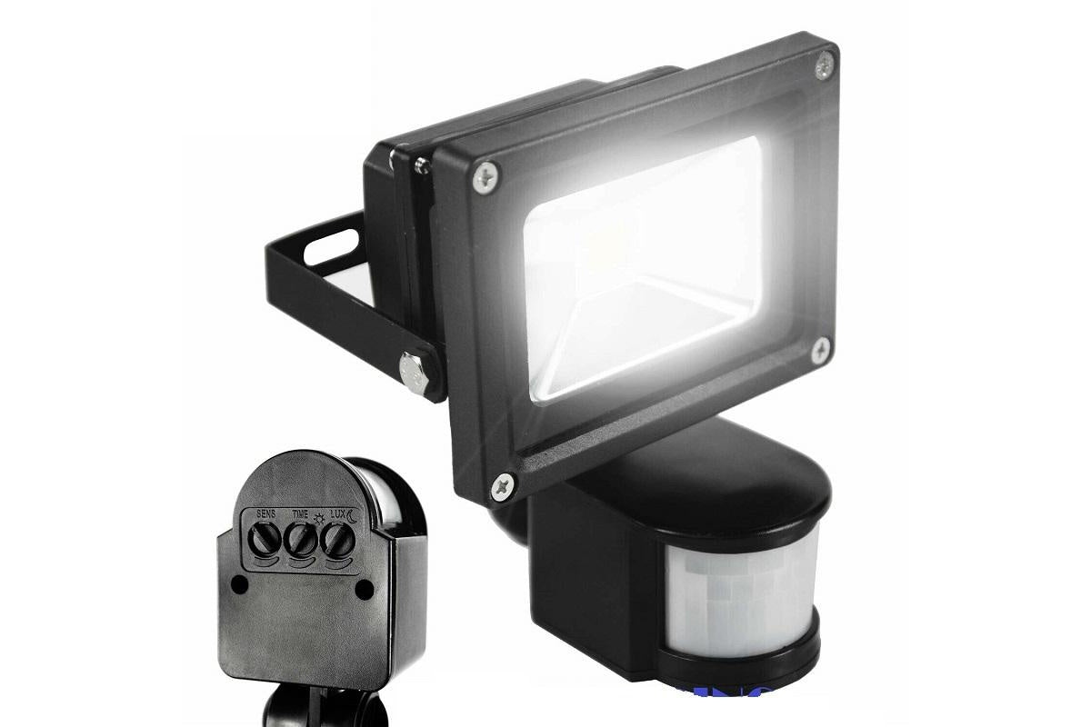 Close-up of LED flood light motion sensor showing PIR sensor