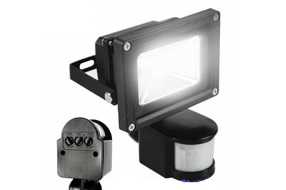Close-up of LED flood light motion sensor showing PIR sensor