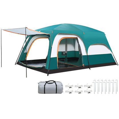 Camping tent 10 person showing front entrance and green grey colour