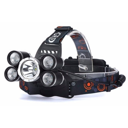 LED outdoor headlamp rechargeable showing front view with 5 LEDs