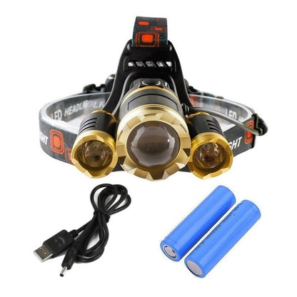 Rechargeable LED headtorch front view showing three LEDs