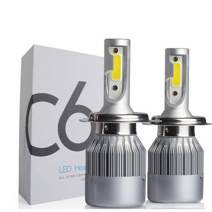 H4 LED car headlight bulbs showing bright 6000K white light