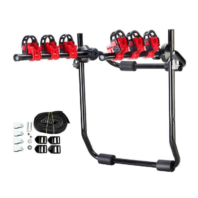 Universal bike carrier rack showing full rear mount on car