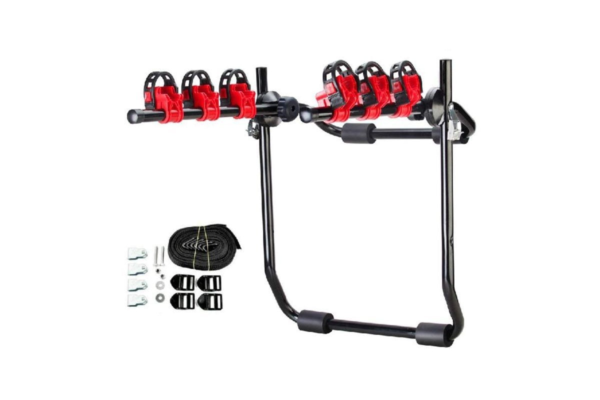 Close up of black and red steel frame on bike carrier rack