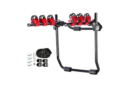 Close up of black and red steel frame on bike carrier rack
