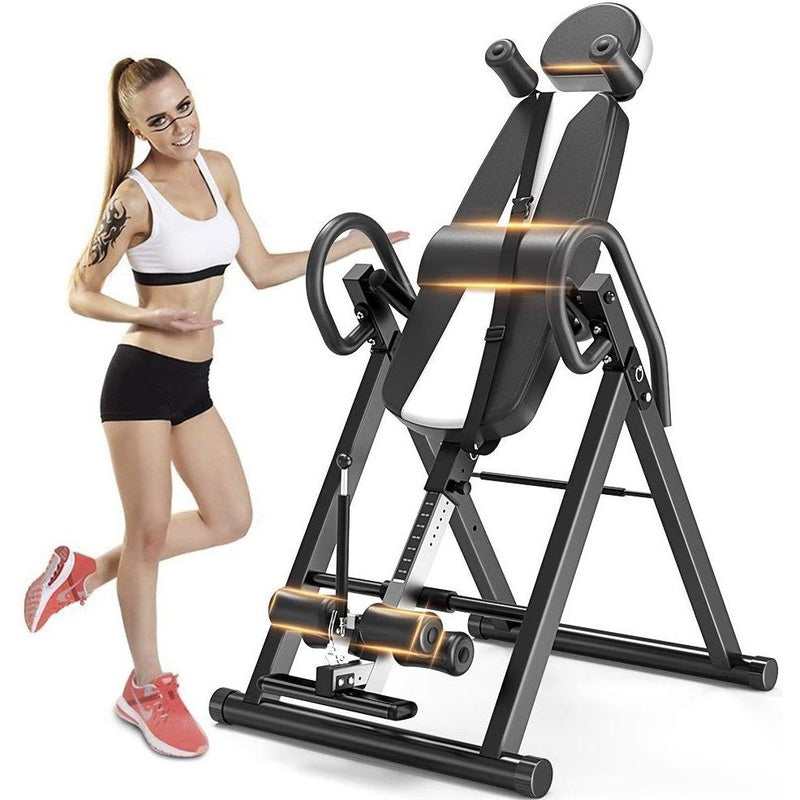 Inversion table side view showing black and white steel frame