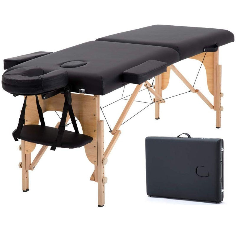 Massage table wooden frame side view showing adjustable height