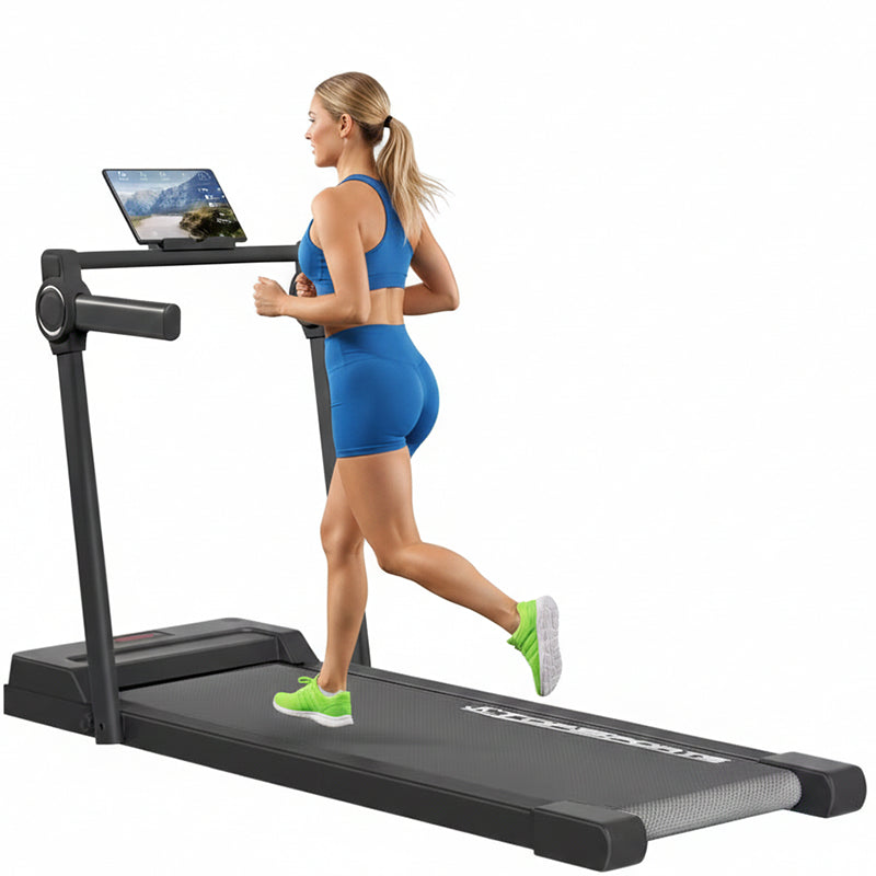 Foldable walking pad treadmill side view showing black frame