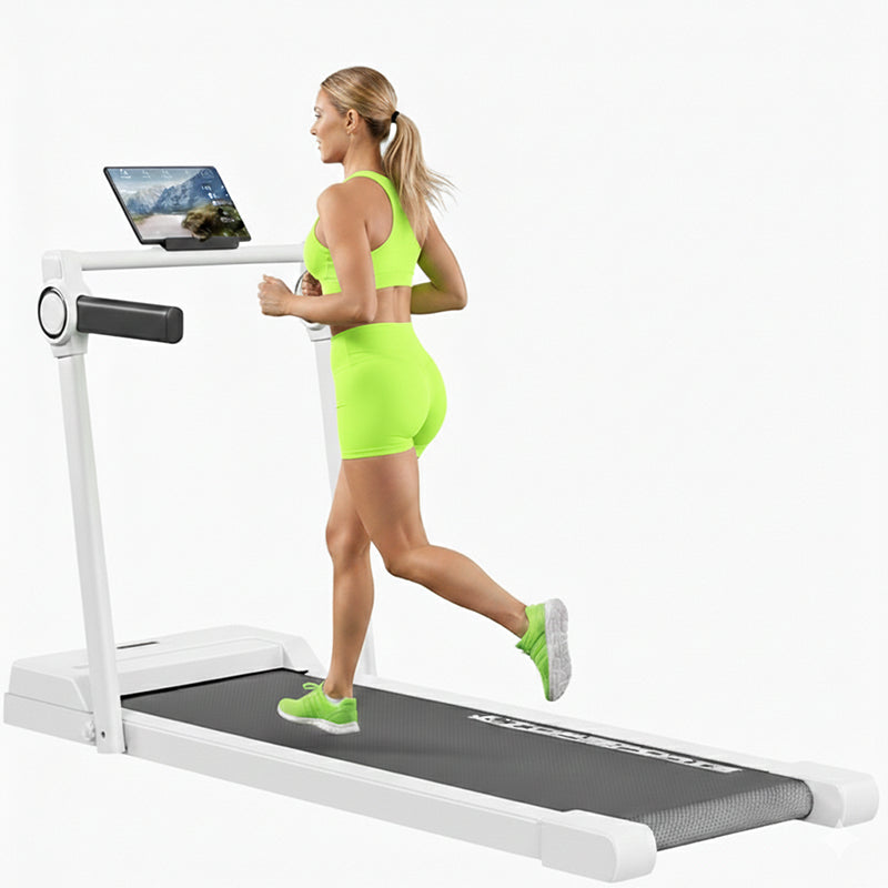 Foldable walking pad treadmill side view showing white frame