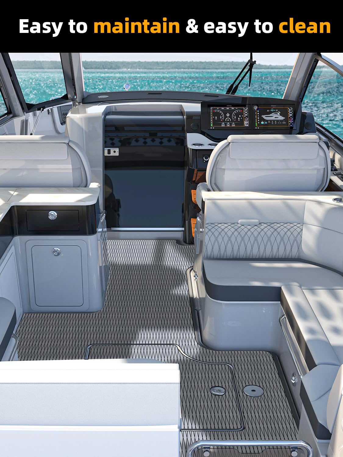 Dark grey boat flooring mat installed on a marine platform