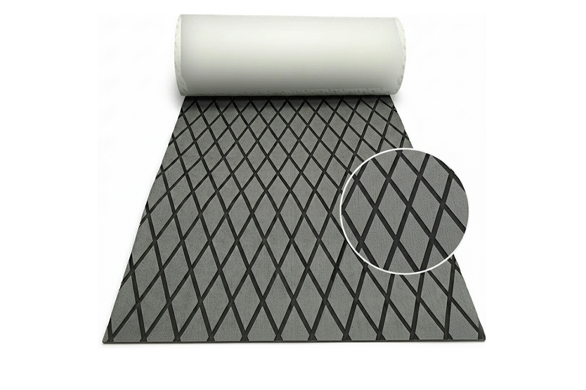 Close-up of non-slip diamond block pattern on boat flooring mat