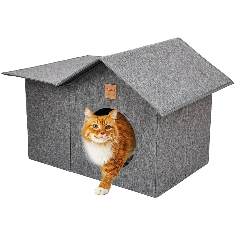 Outdoor cat house in grey showing waterproof material