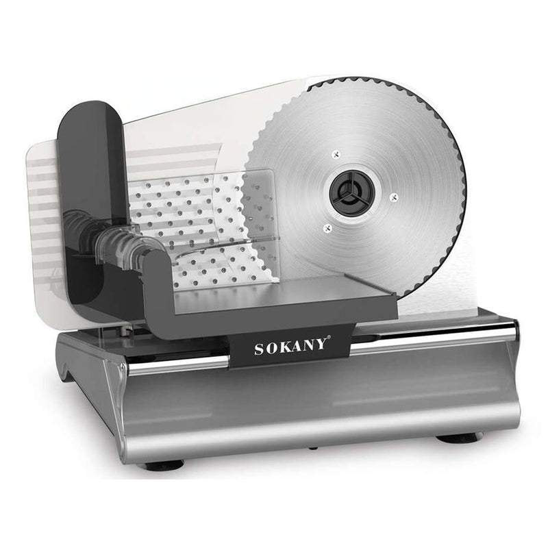 Electric meat slicer side view showing silver die-cast aluminium body