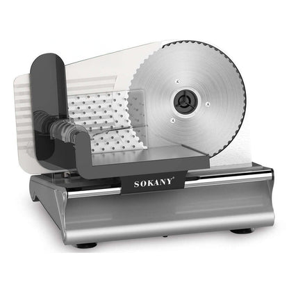 Electric meat slicer side view showing silver die-cast aluminium body