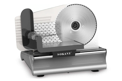 Close up of 19cm stainless steel serrated blade on meat slicer