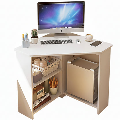 Corner computer desk in oak finish showing triangular layout