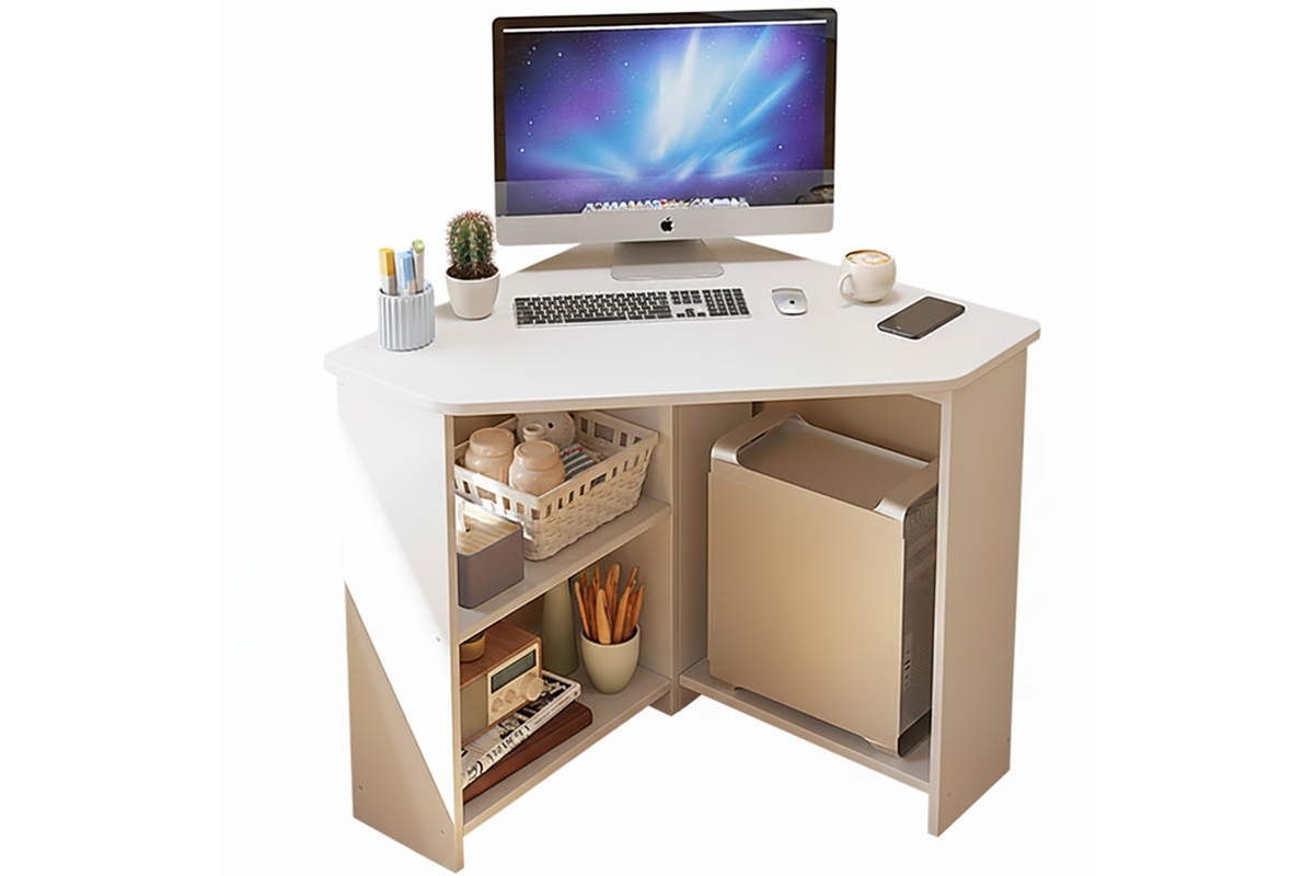 White corner computer desk with open shelving detail