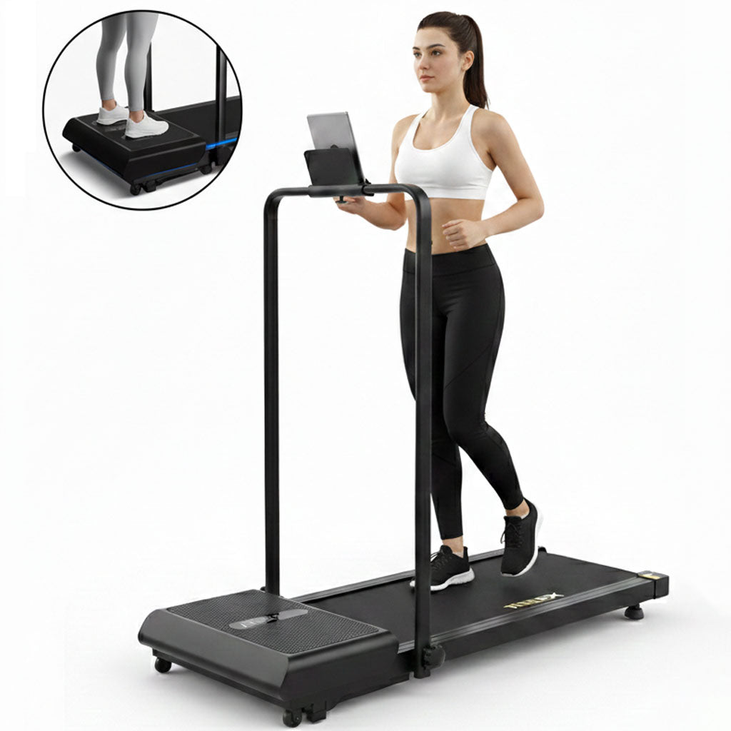 Side view of treadmill with vibration plate showing foldable frame